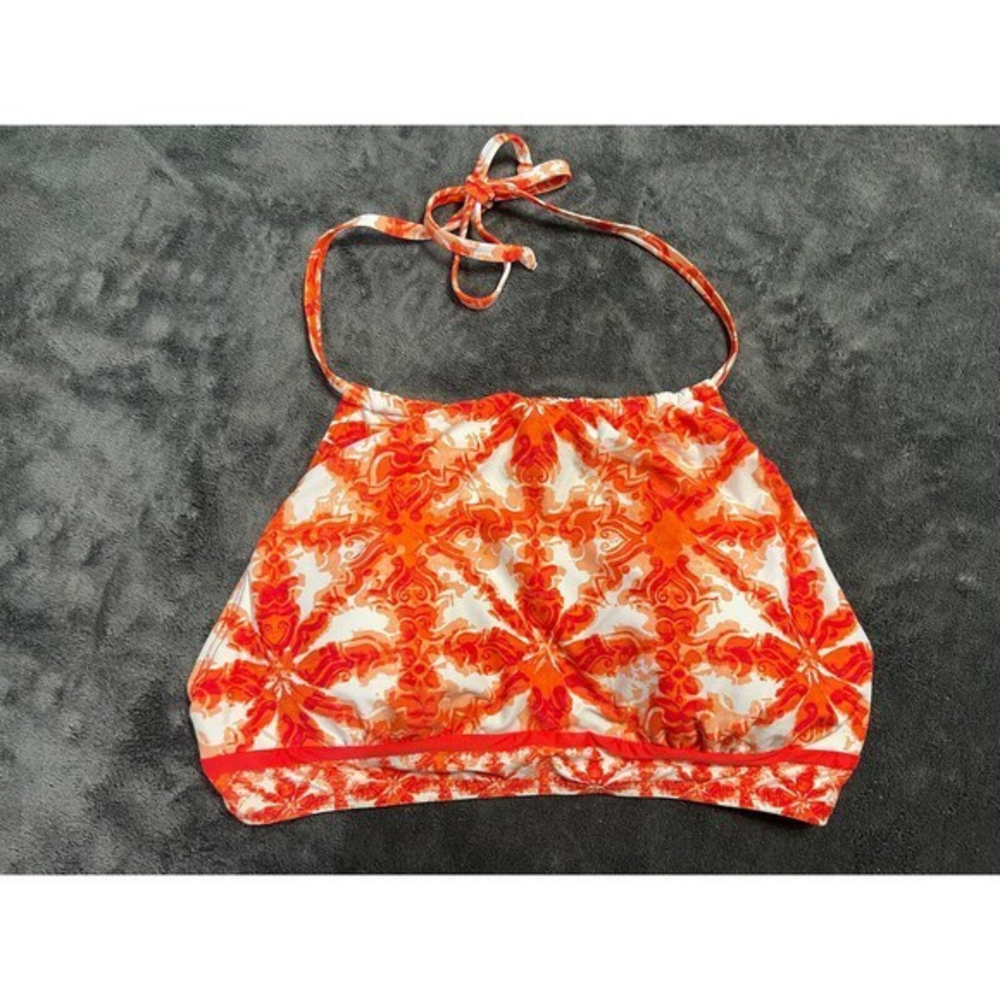 Michael Kors Medium Bikini Top Women Orange White‎ Damask High Neck Halter Swim